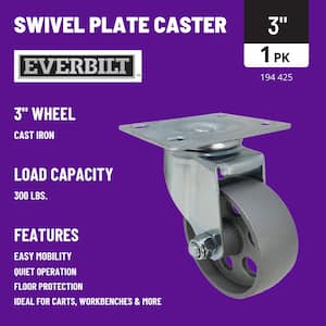 3 in. Gray Cast Iron Swivel Plate Caster with 300 lbs. Load Rating