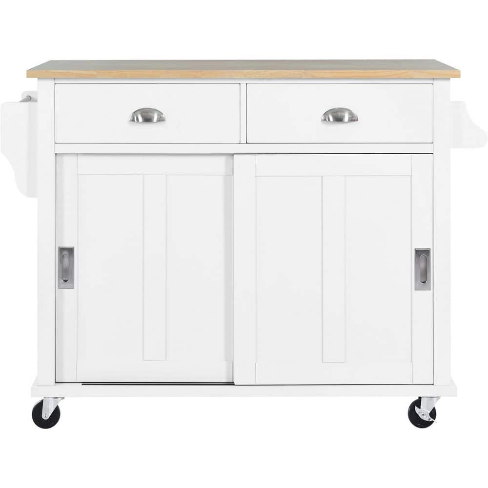 52 in. White Kitchen Cart Island with Rubber wood Drop-Leaf Countertop ...