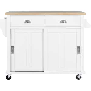 52 in. White Kitchen Cart Island with Rubber wood Drop-Leaf Countertop for Kitchen Dining Room Bathroom