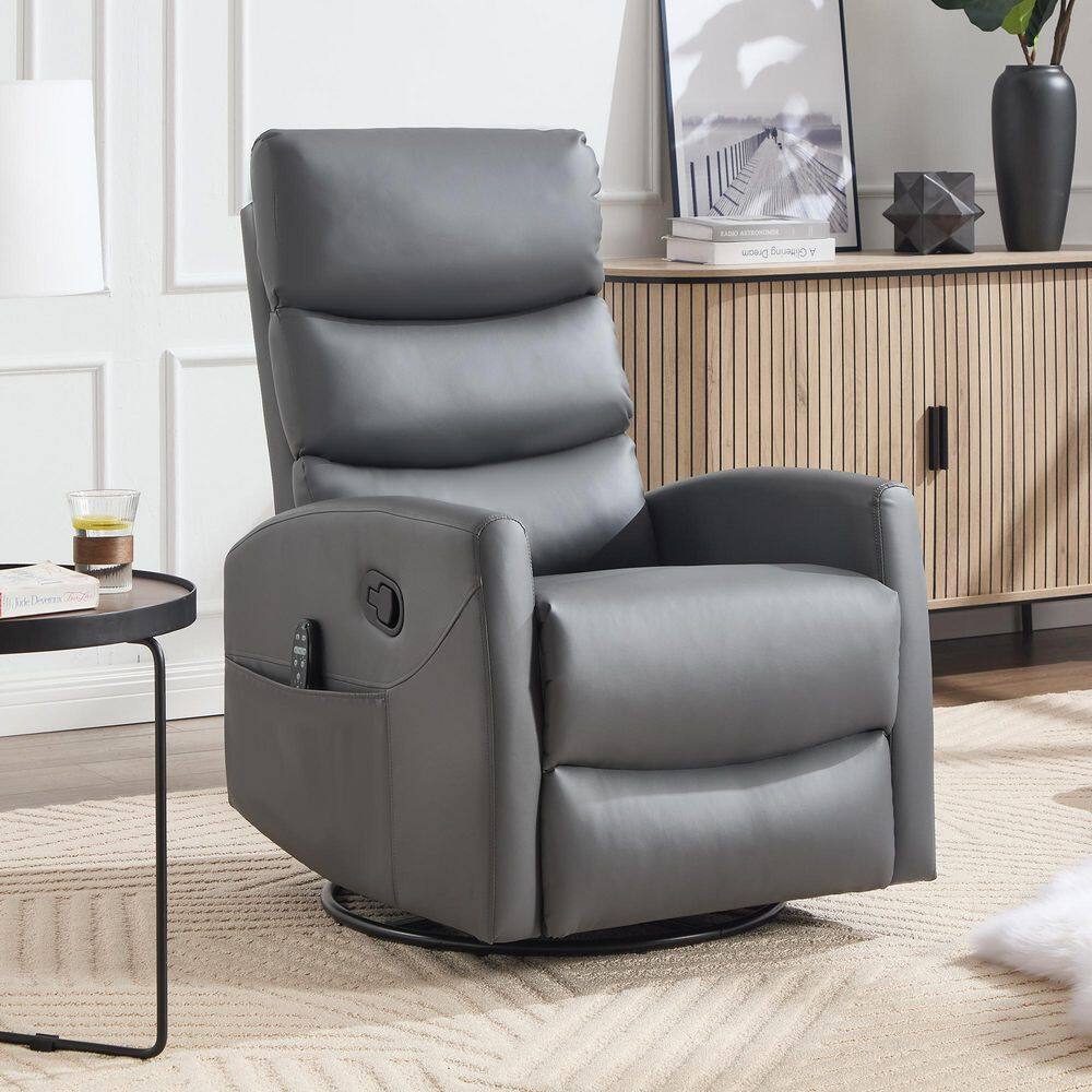 Grey faux leather recliner chair on a light rug.