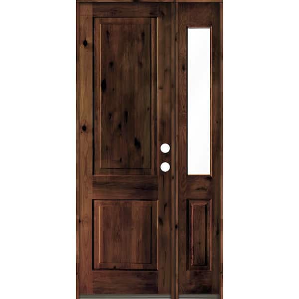Krosswood Doors 44 in. x 96 in. knotty alder Left-Hand/Inswing Clear Glass Red Mahogany Stain Square Top Wood Prehung Front Door w/RHSL