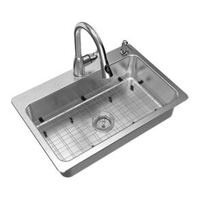 All-in-One Bratten Drop-in/Undermount 18G Stainless Steel 33 in. 2-Hole Single Bowl Kitchen Sink with Pull-Down Faucet