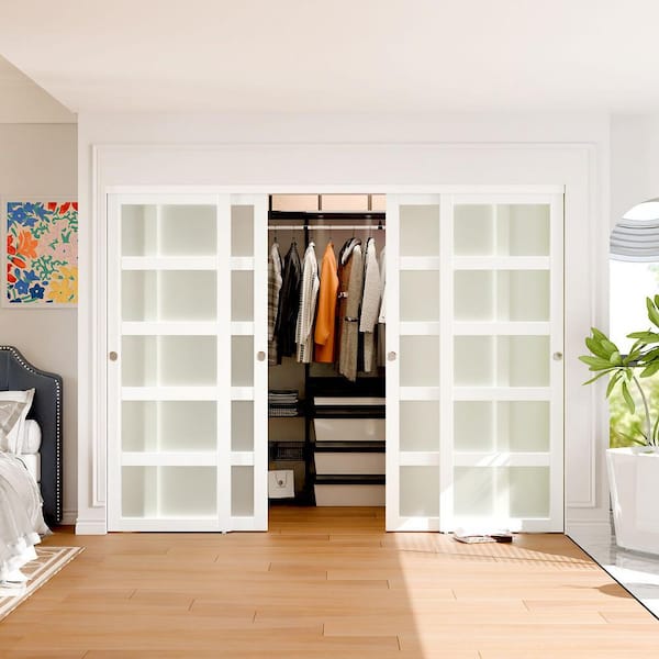 Double Sliding Closet Door, 120 in. x 80 in. 5-Lite Frosted Glass Sliding Door with Hardware, Need to Assemble