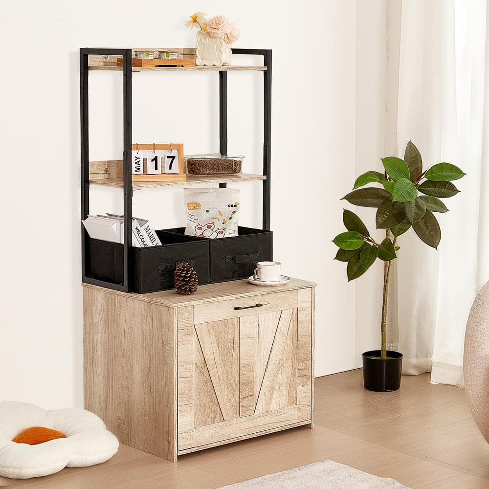 Natural Wood Cat Litter Box Enclosure with Shelves