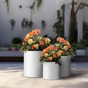 10in., 13in., 16in. Dia Crisp White Extra Large Tall Round Concrete Plant Pot / Planter for Indoor & Outdoor Set of 3