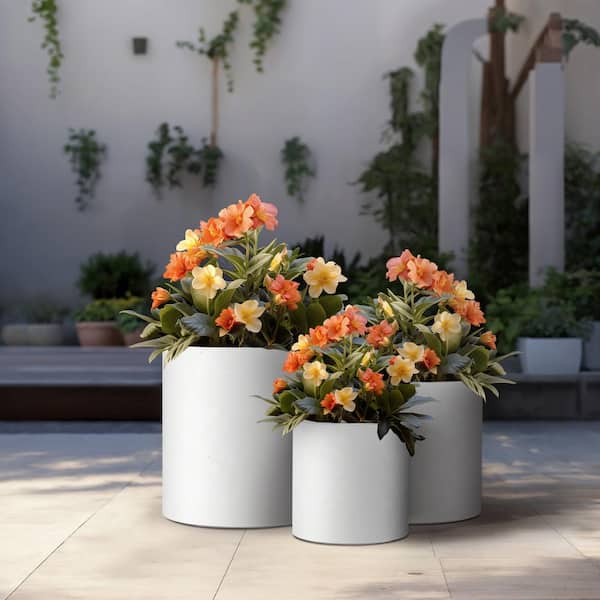 Sapcrete 10in., 13in., 16in. Dia Crisp White Extra Large Tall Round Concrete Plant Pot / Planter for Indoor & Outdoor Set of 3