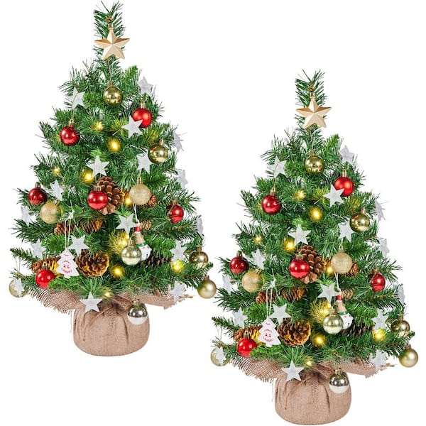 Battery-Operated Mini Artificial Christmas Tree with Warm White LED Lights and Burlap-wrapped Concrete Base