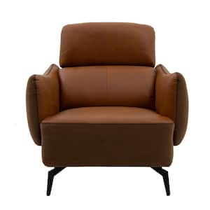 Duri 35 in. Brown Genuine Leather Accent Chair with 2-Point Adjustable Headrest, Fabric Accents and Decorative Stitching