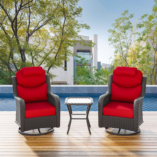 Smiley 3-Piece Brown Wicker Outdoor Rocking Chairs Patio Conversation Set with Headrest, Red Cushions and Side Table
