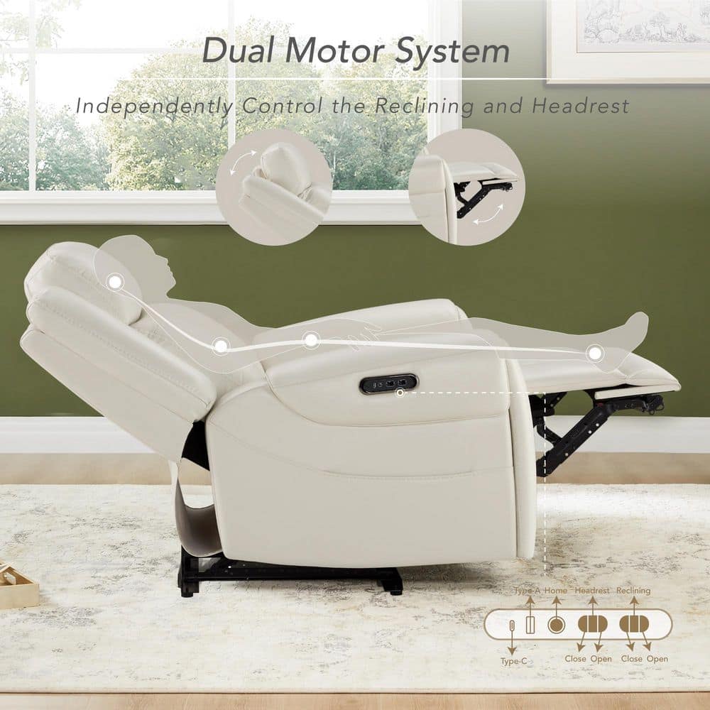 Rhea Dual Motors Cream Genuine Leather Wall Hugger Power Recliner with Cup Holders, Side Pockets, USB&Type-C Ports - thumbnail 7