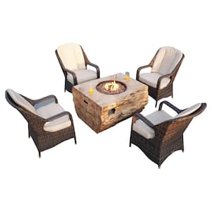 Strip 5-Pieces Rock and Fiberglass Fire Pit Table Brown Wicker Chairs Conversation Set with Beige Cushions