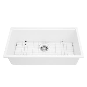 Loile 33 in. L Undermount Single Bowl White Granite Composite Kitchen Sink with Grid, Strainer, Rack and Cutting Board