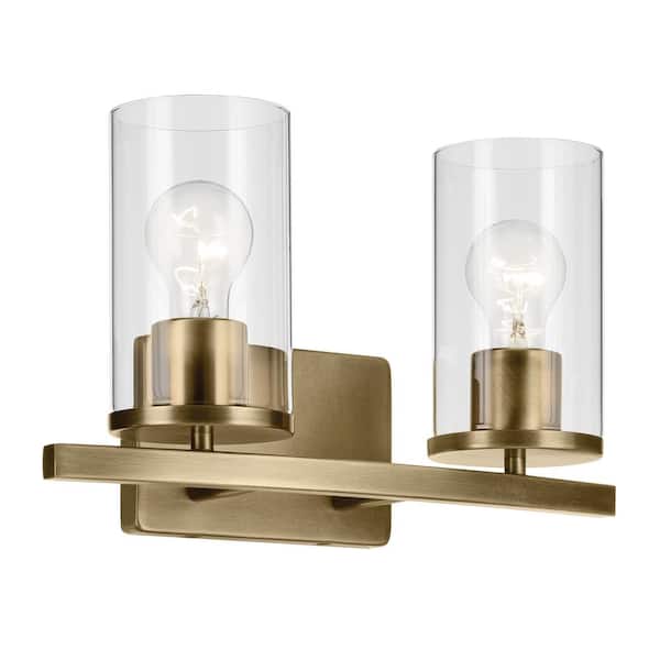 KICHLER Crosby 15.25 in. 2-Light Natural Brass Contemporary Bathroom Vanity Light with Clear Glass