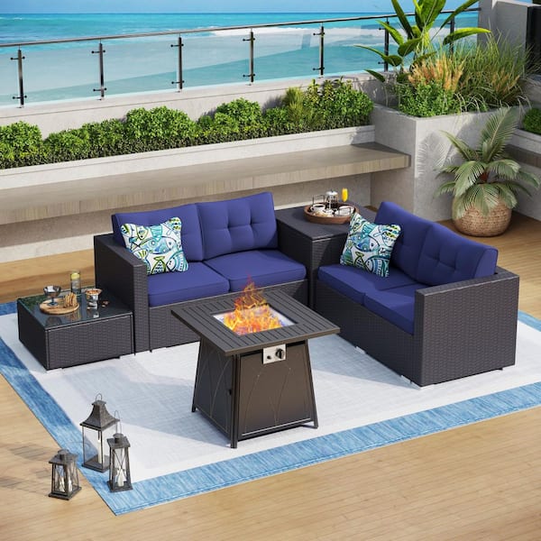 Brown Rattan Wicker 4 Seat 5-Piece Steel Outdoor Fire Pit Patio Set with Blue Cushions and Square Fire Pit Table