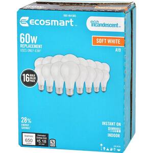 60-Watt Equivalent A19 Dimmable Halogen Light Bulb Soft White (16-Pack)