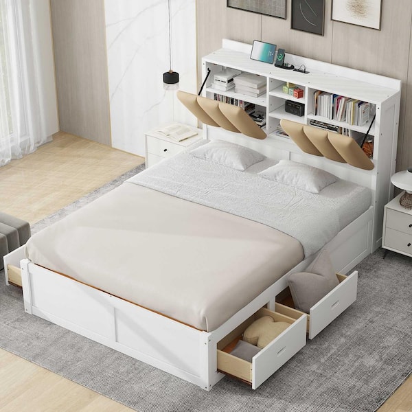 Harper & Bright Designs White Classic Wood Frame Full Size Platform Bed with Storage Linen Upholstered Headboard and 4- Drawers