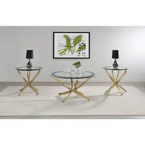 Brooke 35.5 in. Ross Brass Round Glass Top Coffee Table with 3 Pieces