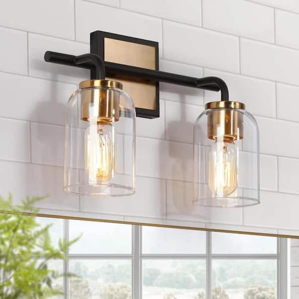 13 in. 2-Light Brass Gold Bathroom Vanity Light, Black Wall Sconce for Mirrors, Clear Glass Modern Bath Lighting