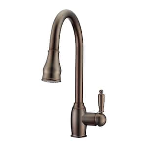 Bay Single Handle Deck Mount Gooseneck Pull Down Spray Kitchen Faucet with Metal Lever Handle 2 in Oil Rubbed Bronze