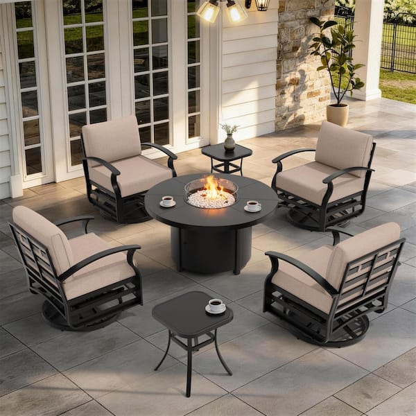 7-Piece Aluminum Patio Conversation Set with 40,000 BTU Fire Pit Table, White Pumice, Glide Rocking Chair, Khaki Cushion