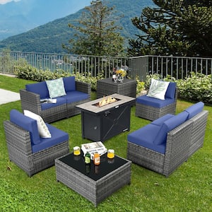 9-Pieces Patio Rattan Furniture Set Fire Pit Table Storage Black with Cover Navy