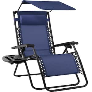 Zero Gravity Folding Reclining Navy Blue Fabric Outdoor Lawn Chair w/Canopy Shade, Headrest Tray