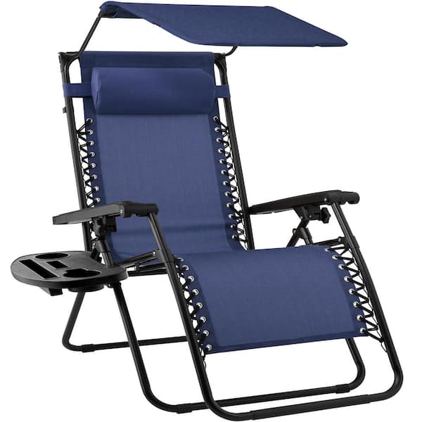Best Choice Products Zero Gravity Folding Reclining Navy Blue Fabric Outdoor Lawn Chair w/Canopy Shade, Headrest Tray