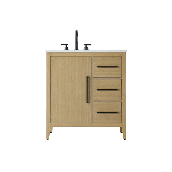 32 in. Single Sink Honey Brown Bath Vanity with White Engineered Marble Top