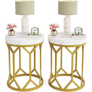 Kerlin 19.68 in. Gold Round White Faux Marble Engineered Wood End Table with Unique Diamond Frame, Set of 2