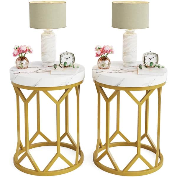 BYBLIGHT Kerlin 19.68 in. Gold Round White Faux Marble Engineered Wood End Table with Unique Diamond Frame, Set of 2