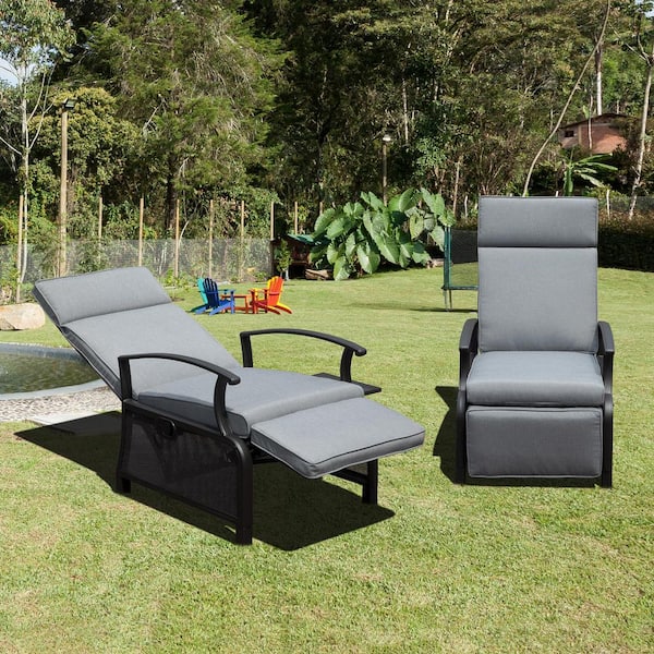 Black Metal Outdoor Adjustable Recliner Lounge Chair with Removable Gray Cushions