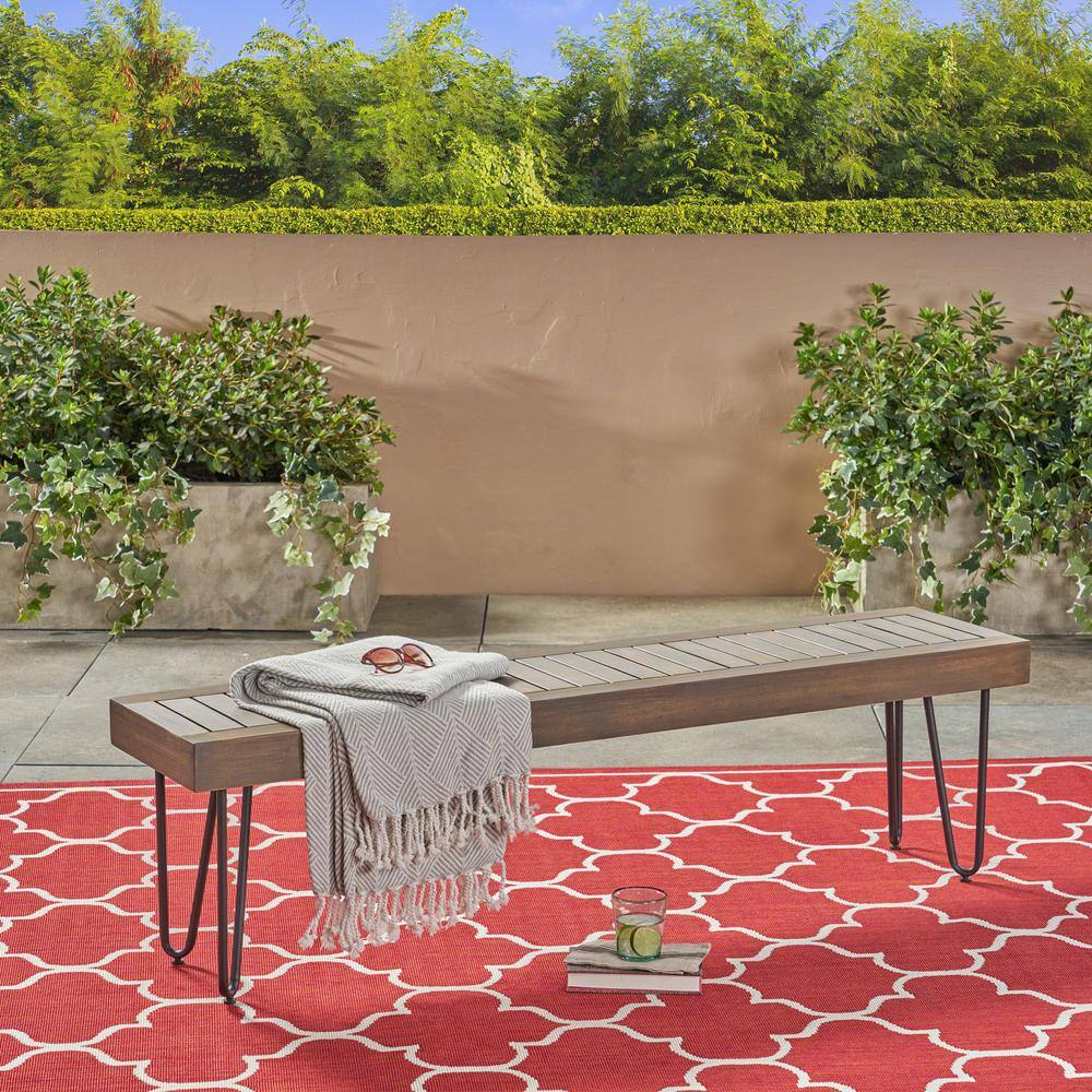 Gray Acacia Wood and Metal Outdoor Bench with Hairpin Legs