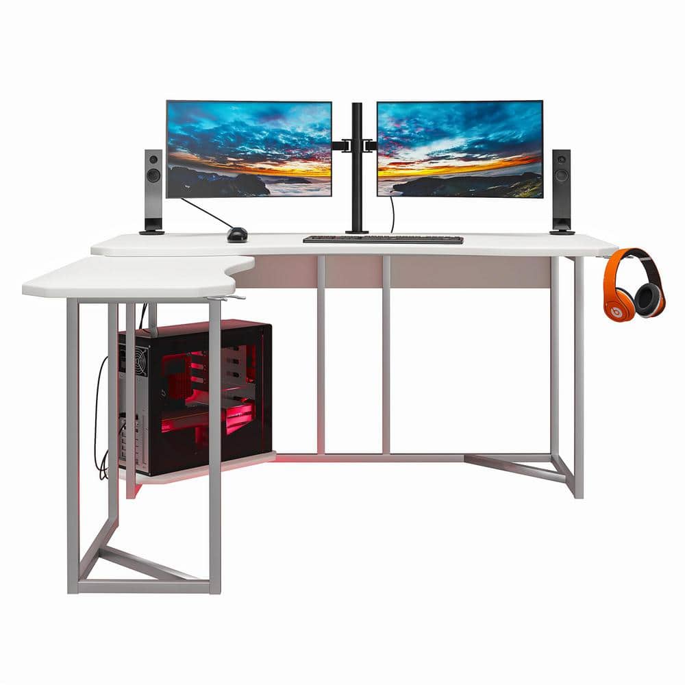 White and Silver L-Shaped Gaming Desk with CPU Stand