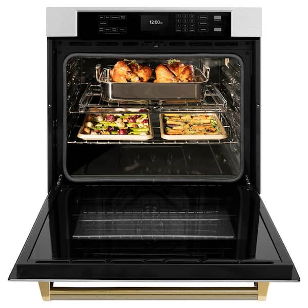 Autograph 30 in. True Convection Single Wall Oven with Air Fry in Satin Steel with Polished Gold Helix Handle