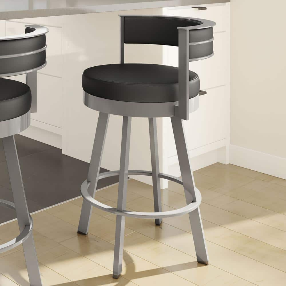 Browser 30 in. Black Faux Leather / Glossy Grey Metal Swivel Bar Stool -  Amisco, 41542-30/24DA