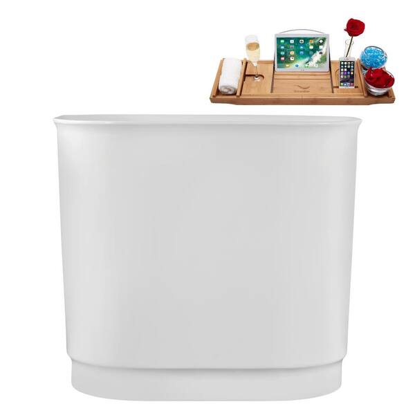 Streamline 40 in. x 32 in. Acrylic Freestanding Soaking Bathtub in Glossy White with Polished Brass Drain, Bamboo Tray