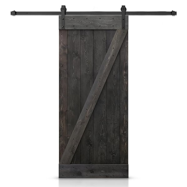 CALHOME Z Bar Series 24 in. x 84 in. Pre-Assembled Charcoal Black Stained Wood Interior Sliding Barn Door with Hardware Kit