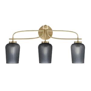Olympia 26.25 in. 3-Light New Age Brass Vanity Light  Smoke Textured Glass Shade