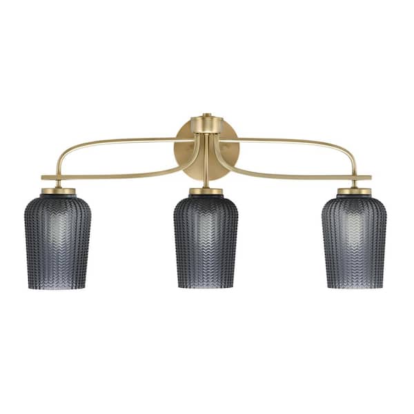Unbranded Olympia 26.25 in. 3-Light New Age Brass Vanity Light  Smoke Textured Glass Shade