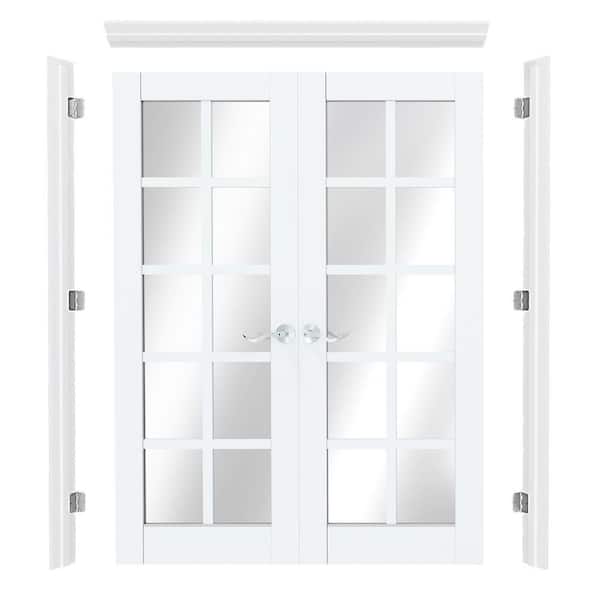 60 in. x 80 in. 10 Lite Mirrored Glass Universal White Primed Double Prehung French Door w/ Quick Assemble Jamb, Handle