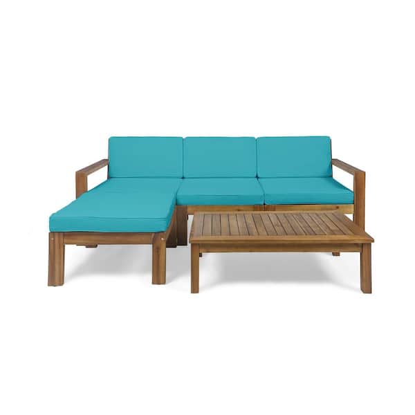 Noble House Santa Ana Teak Brown 5-Piece Wood Outdoor Patio Conversation Sectional Seating Set with Teal Cushions