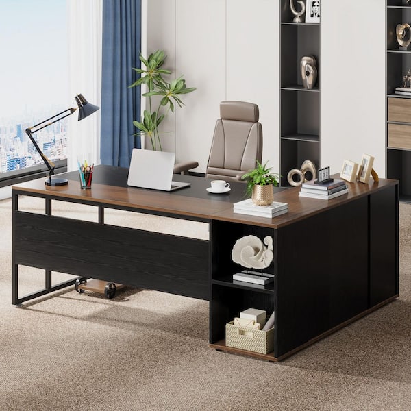Lanit 71 in. L-Shaped Black Engineered Wood Office Computer Executive Desk Large Workstation Business Set Cabinet