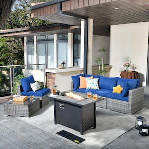 Messi Gray 6-Piece Wicker Outdoor Patio Conversation Sectional Sofa Set with a Metal Fire Pit and Navy Blue Cushions