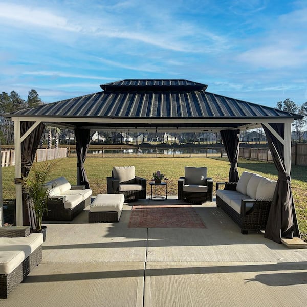 12 ft. x 16 ft. White Aluminum Hardtop Gazebo Canopy with Galvanized Steel Double Roof, Curtains and Netting
