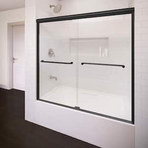Infinity 58.5 in. x 57 in. Semi-Frameless Sliding Clear Glass Tub Door in Wrought Iron with Towel Bar