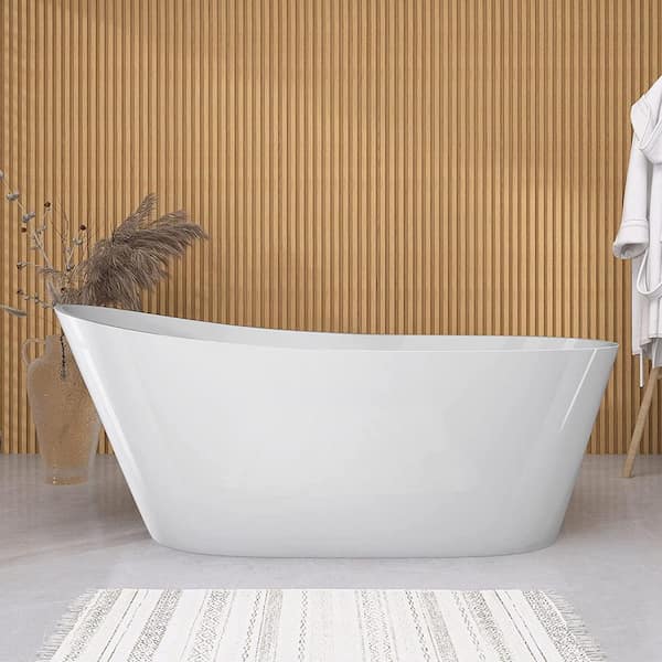 55 in. x 29 in. Acrylic Freestanding Soaking Bathtub Single Slipper Tub in Glossy White with Overflow and Pop Up Drain