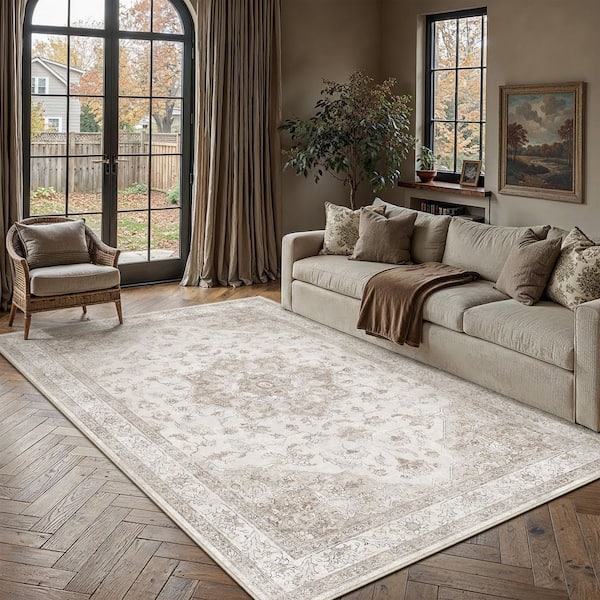 Baykal Taupe 6 ft. x 9 ft. Vintage Washable Medallion Distressed Area Rug
