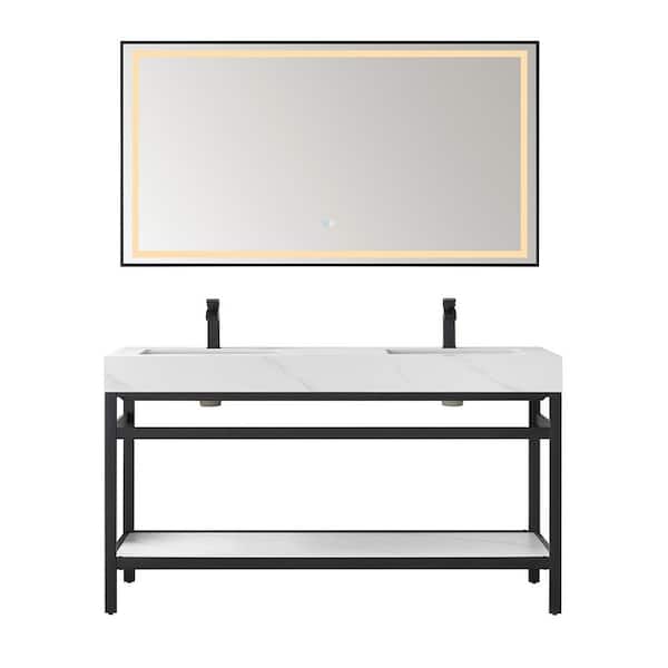 ROSWELL Funes 60 in. W x 22 in. D x 34 in. H Double Sink Bath Vanity in Matt Black with White Natural Stone Top and Mirror