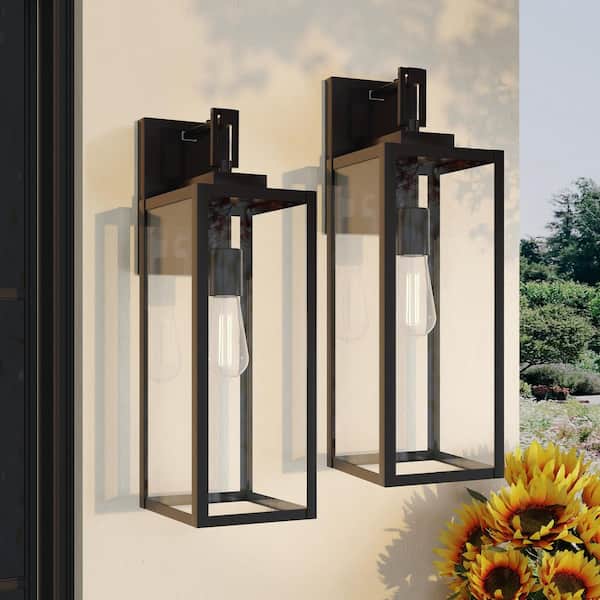 Bonanza 22 in. 1-Light Matte Black Outdoor Hardwired Wall Lantern Sconce with Dusk to Dawn (2-Pack)