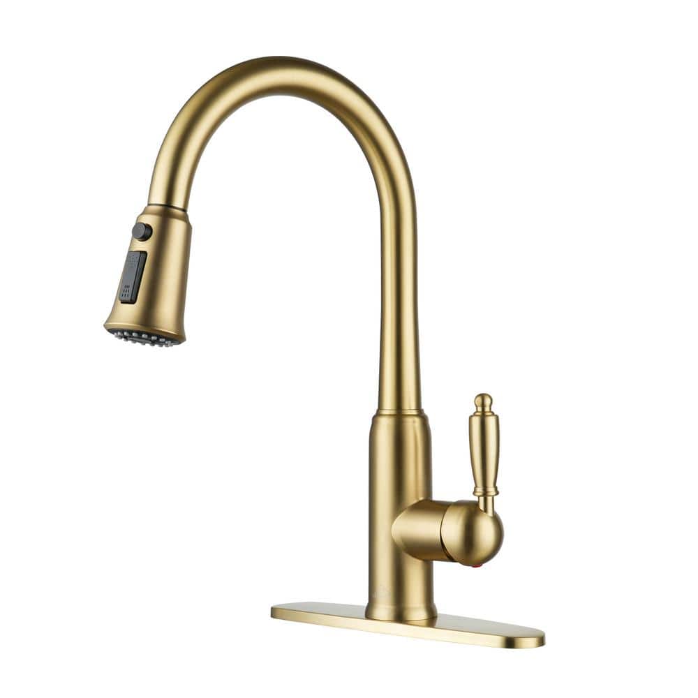 Boyel Living 3-Spray Patterns Single Handle Pull Down Sprayer Kitchen Faucet with Deckplate and Water Supply Hoses in Brushed Gold